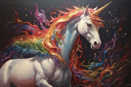 Unicorn with rainbow mane and tail. Fantasy painting.の素材