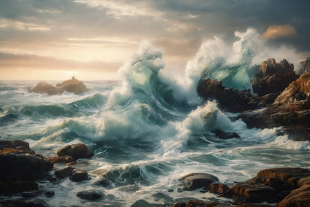 Beautiful seascape with stormy waves crashing on the rocksの素材