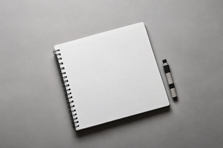 Notebook with pen on gray background, top view. Mockup for designの素材