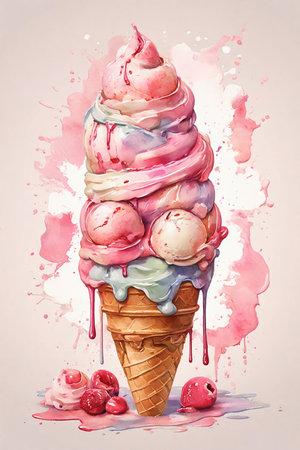 Ice cream with pink and blue splashes. Watercolor illustration.の素材
