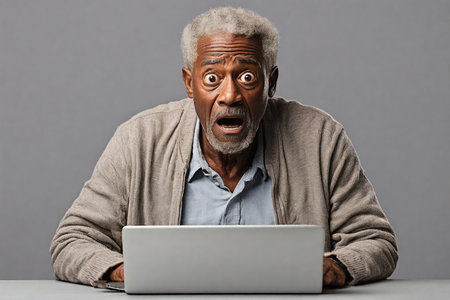 Surprised elderly african american man looking at laptop screen on gray backgroundの素材