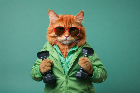 Red cat in green jacket and sunglasses with dumbbells on green backgroundの素材