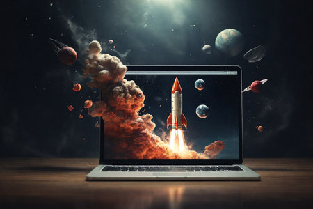 Rocket coming out of laptop screen, innovation and creativity conceptの素材