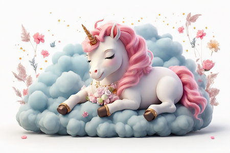Cute unicorn sleeping on a cloud with flowers. 3d renderingの素材