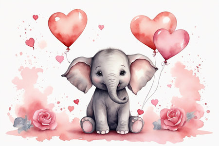 Cute baby elephant with heart shaped balloons. Watercolor illustration.の素材