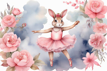 Watercolor ballerina rabbit dancing on the cloud and pink flowerの素材