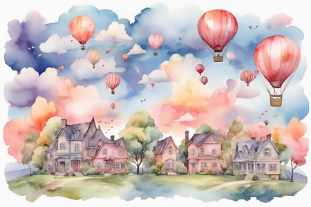 Watercolor landscape with houses, hot air balloons and clouds. Hand drawn illustrationの素材