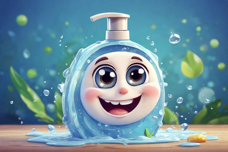 Cute cartoon face of blue soap dispenser with water splash on wooden tableの素材