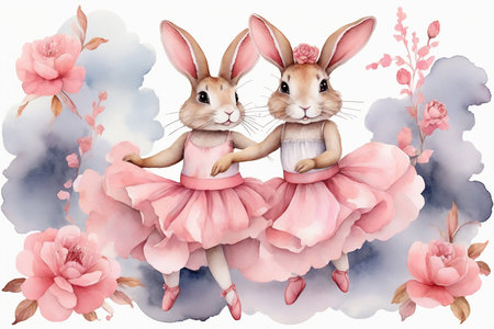 Two cute ballerina bunnies in a pink tutu on a background of flowers. Watercolor illustration.の素材