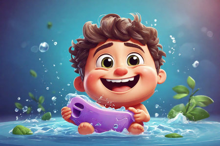 3d illustration of cute boy playing with water gun in the waterの素材