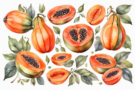 Watercolor set of tropical fruits: papaya. Hand drawn illustrationの素材