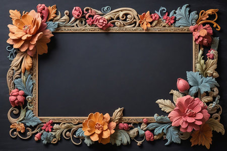 Wooden frame with flowers on a black background. Copy space.の素材
