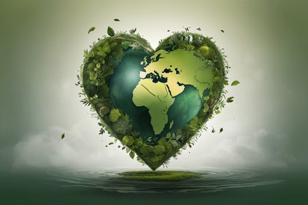 Heart shaped planet earth with green leaves in the water. Nature conceptの素材