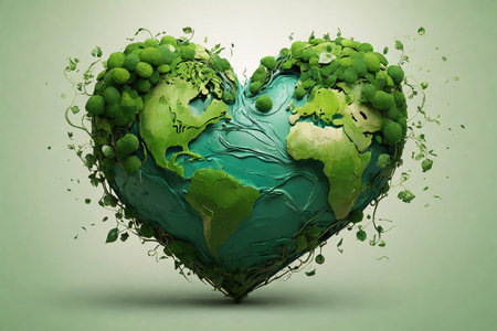 Concept art on the theme of environmental protection with a heart-shaped earth in green colors.の素材