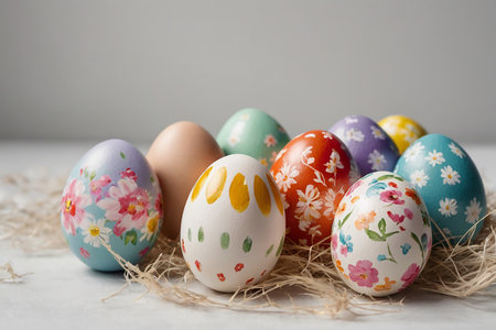 Colorful easter eggs in nest on white marble background. Happy Easter!の素材
