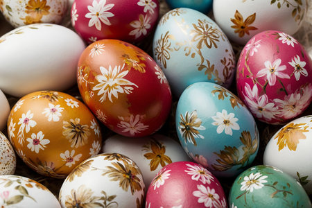 Colorful easter eggs with floral pattern, close upの素材