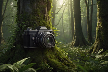 Concept art on the theme of environmental protection with a camera from which trees and greenery growの素材