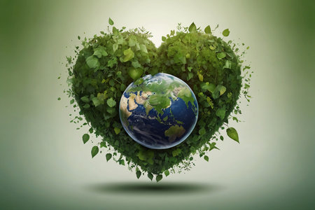 Planet earth in heart shape made of green leaves on green background.の素材