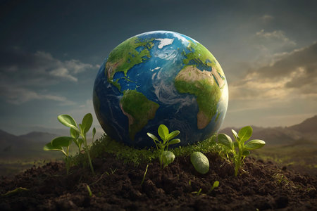 Earth planet with young plants growing in soil.の素材