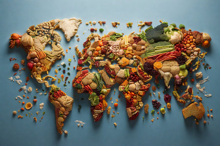 Healthy food concept with world map made of dried fruits and vegetablesの素材