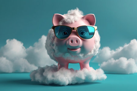 Piggy bank with sunglasses and clouds on blue background. 3d illustrationの素材