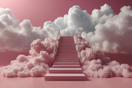Staircase in the clouds, 3d render, pink backgroundの素材