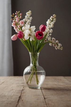 Bouquet of tulips and lilies of the valley in vase on wooden tableの素材