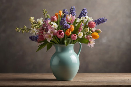 Bouquet of colorful spring flowers in vase on wooden tableの素材