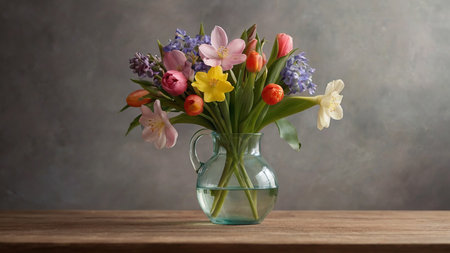 Colorful spring flowers in vase on wooden table over dark backgroundの素材