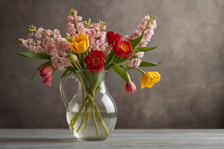 Bouquet of spring flowers in a vase on a gray backgroundの素材