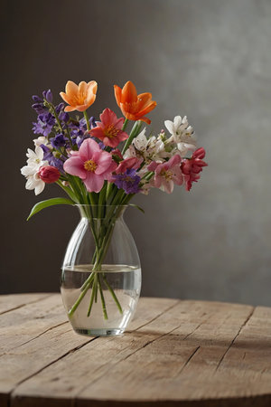 Beautiful spring flowers ia vase on empty table with copy spaceの素材