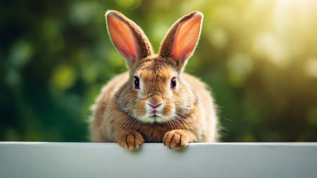 A curious bunny peeks over a white fence. Easter concept. Banner with copy spaceの素材