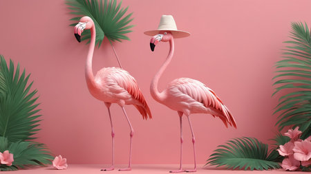 3d rendering of pink flamingo with summer hat and tropical leavesの素材
