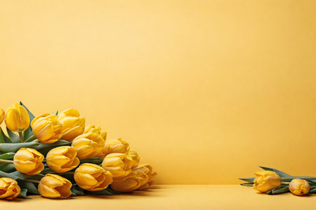 Bouquet of yellow tulips on a yellow background with copy spaceの素材
