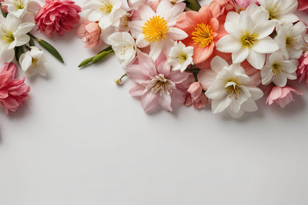 Beautiful spring flowers on white background, top view. Space for textの素材