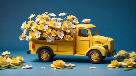 Yellow toy car with a bouquet of flowers on a blue backgroundの素材