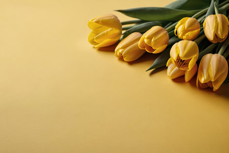 Bouquet of yellow tulips on a yellow background. Place for text.の素材