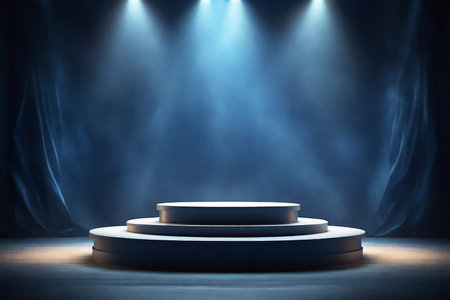 Stage podium illuminated by spotlights. Award ceremony concept. 3D Renderingの素材