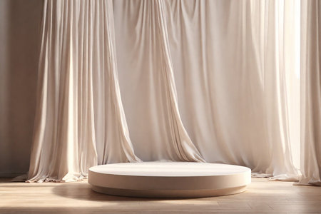 Scene with podium for presentation mockup in minimal style with soft white flowing drapery, curtains in sunlight, 3D renderingの素材