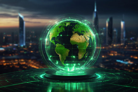 Globe with glowing planet hologram over night city background 3D renderingの素材