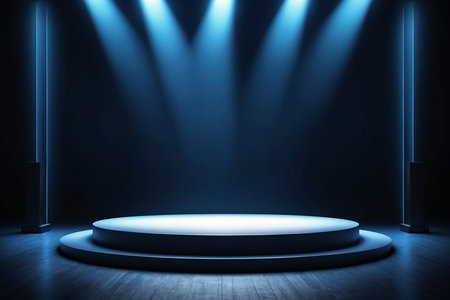 Scene with podium, Stage Podium Scene with for Award Ceremony on blue Background, 3d renderの素材