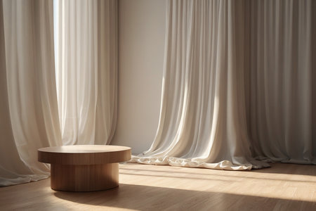 Wooden podium in room with curtains, 3d render. Interior designの素材