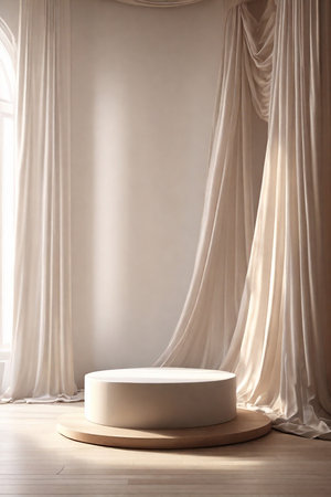 White round podium with curtains on the background. 3d rendering.の素材