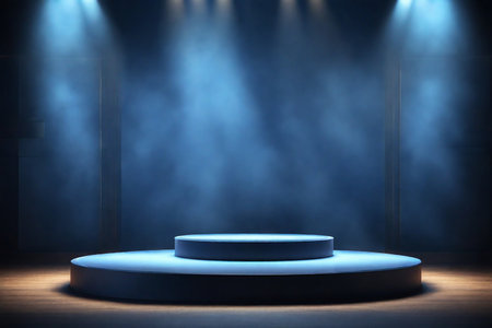 Stage podium illuminated with spotlight. Award ceremony concept. 3D Renderingの素材