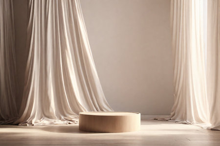 Wooden podium with curtains on light background. Mockup for designの素材