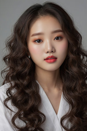 Beautiful Asian woman with long curly hair and makeup, studio shotの素材