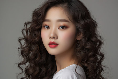 Beautiful Asian woman with long curly hair, makeup and hairstyleの素材