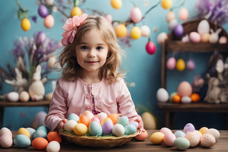 Cute little girl holding basket with colorful easter eggs at homeの素材