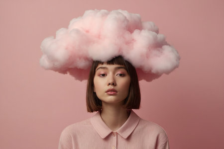 Beautiful young woman with pink cloud on her head. Cloud computing conceptの素材