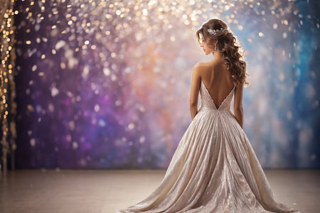Beautiful girl in a wedding dress on a bokeh backgroundの素材